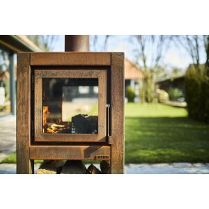 Design Gartenkamin aus Edelrost Quaruba L 3 Seiten Glas schon gerostet