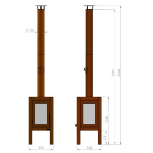 Design Gartenkamin aus Edelrost Quaruba L 3 Seiten Glas ungerostet