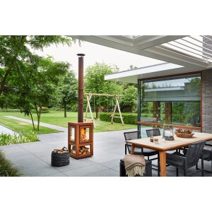 Mobiler Design Gartenkamin aus Cortenstahl Quaruba XL 2 Seiten Glas schon gerostet