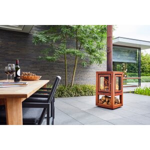 Mobiler Design Gartenkamin aus Cortenstahl Quaruba XL 4 Seiten Glas schon gerostet